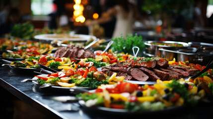 Buffet catering spread featuring a variety of meats, colorful fruits, and vegetables, set indoors...