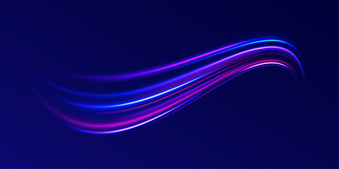 Elegant bright neon linear wave. Abstract light lines of movement and speed with blue color and sparkles.  The effect of speed on a blue background. Vector Illustration.	