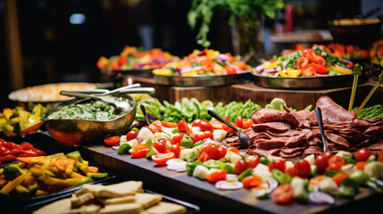 Buffet catering spread featuring a variety of meats, colorful fruits, and vegetables, set indoors in a restaurant with a modern background.

Generative AI