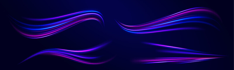  Blurred motion. Sparkling flow. Vector abstract dynamic dark. Neon stripes in the form of a sow road or a racing track.