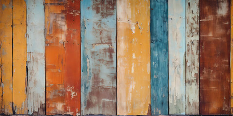 Texture of oldschool vintage wood planks arranged on a fence, yellow, red, cyan, paint peeling, abstract background, Generative AI