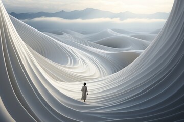 A winding white path or ribbon leading into a white horizon.
