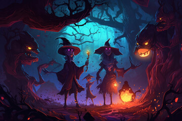 Halloween greeting card with witches