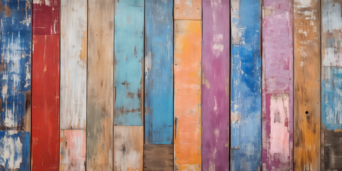 Texture of oldschool vintage wood planks arranged on a fence, yellow, red, cyan, paint peeling, abstract background, Generative AI