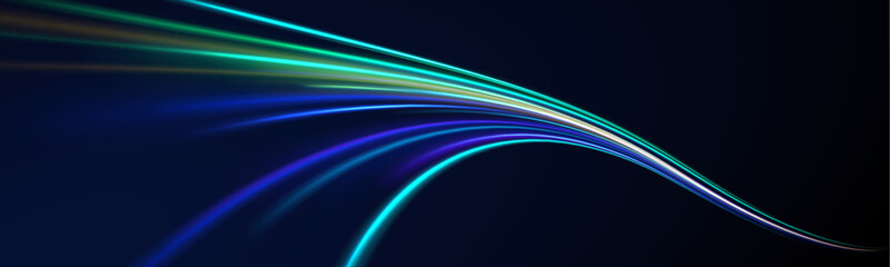Horizontal speed lines connection vector background. Futuristic dynamic motion technology blue glowing lines air flow effect.  Racing cars dynamic flash effects city road with long exposure.