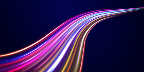 Panoramic horizontal high speed highway concept, light abstract background. Technology flow design illustration.