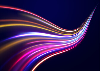 Red blue motion police line, blurred car light motion effect, city road background with long exposure night lights with dynamic flashlight red and blue colors on black. 