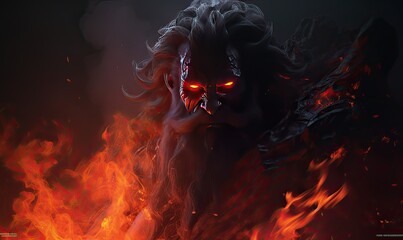 Photo of a menacing demon with fiery red eyes and menacing horns - obrazy, fototapety, plakaty