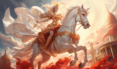 Photo of a woman riding a majestic white horse