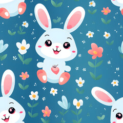 Seamless patterns of cute rabbit cartoon drawing. Watercolor illustration background