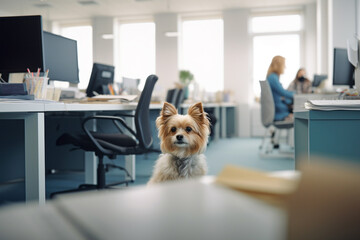 Small dog in office with working people in background. Generative AI illustration