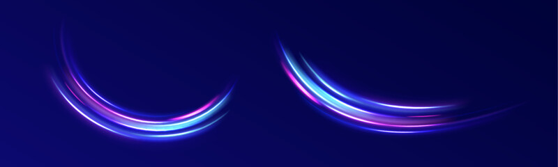 Red blue motion police line, blurred car light motion effect, city road background with long exposure night lights with dynamic flashlight red and blue colors on black. 