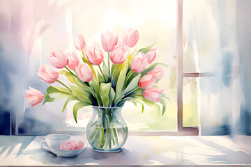 Beautiful Tulip flowers in vase on the table with sunlight on blur background, copy space to add text. Watercolor illustration background