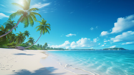 Fototapeta na wymiar Travel Beach Concept: Pristine white sand meets a tranquil sea bay under a sunlit blue sky. Featuring exotic paradise vibes from the Mediterranean to the tropics, with green palm trees. Generative AI