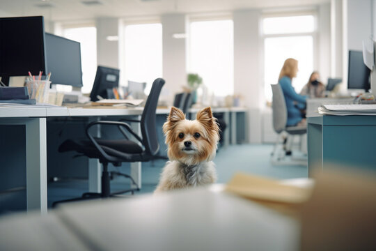 Small Dog In Office With Working People In Background. Generative AI Illustration