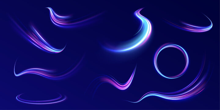 Red blue motion police line, horizontal light rays. Abstract vector fire circles, sparkling swirls and energy light spiral frames. Luminous stripes on a transparent background. Vector.