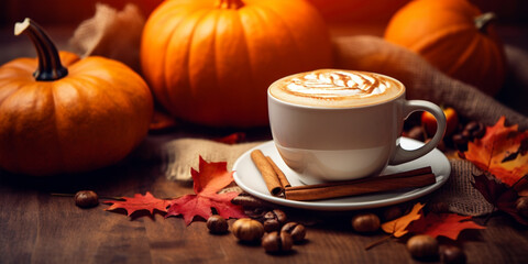 Obraz na płótnie Canvas Pumpkin spice latte in mug with seasonal decoration