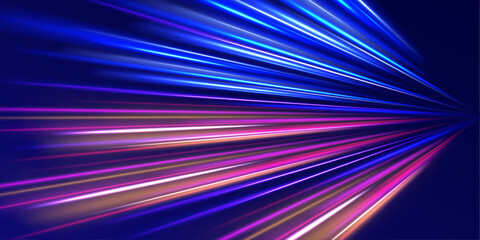 Curved light trail stretched upward. Fast speed car. Acceleration speed motion on night road. City light trails motion background. Illustration of high speed concept.  © ANATOLII