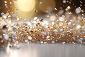 Golden glittering confetti on bokeh background. 3d rendering