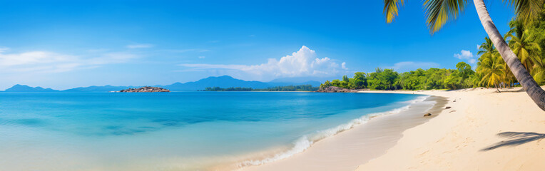 Travel Beach Concept: Pristine white sand meets a tranquil sea bay under a sunlit blue sky. Featuring exotic paradise vibes from the Mediterranean to the tropics, with green palm trees. Generative AI