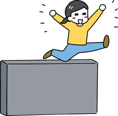 壁を笑顔で飛び越える私服の若い女性(全身)