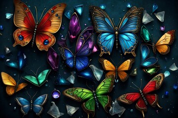 A series of fantastical butterflies, each mimicking the appearance of a different gemstone, such as sapphire, ruby, or emerald
