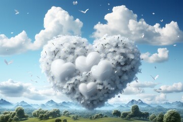 Fototapeta na wymiar White fluffy clouds forming the shape of symbols like hearts