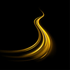 Glittering wavy trail. Golden glowing shiny spiral lines effect. Curved yellow line light. Rotating shining rings. Shine magic gold swirl with flare sparkles Vector	
