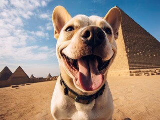 A cute dog smiles while taking a selfie in front of Great Pyramid of Giza