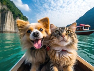 A cute dog and cat both smiles while taking a selfie together in front of Halong Bay