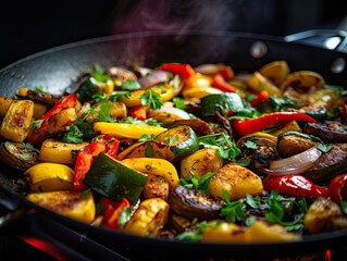 Fried Vegetables in a frying pan, close-up shot