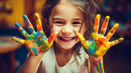 Young girl engaging with colorful paints, hand covered in vibrant hues. Concept of creative and happy childhood against a modern background.

Generative AI