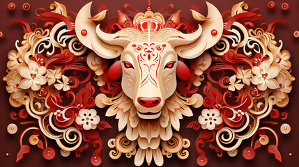Happy Chinese new year 2024 Zodiac sign year of the bull with paper art.