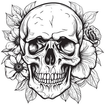 Human skull in flowers sketch hand drawn in engraved style. Vector illustration. For banners, advertisements, posters, backgrounds, invitations.