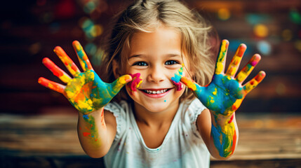 Young girl engaging with colorful paints, hand covered in vibrant hues. Concept of creative and happy childhood against a modern background.

Generative AI