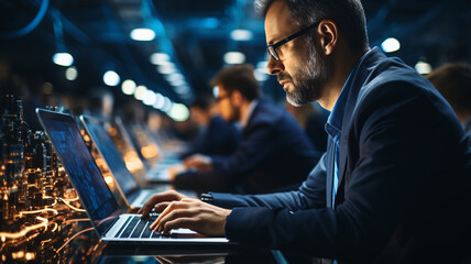 IT Specialist at data center using Laptop Computer. Server farm cloud computing facility with System administrator working. Innovation and technology background concept