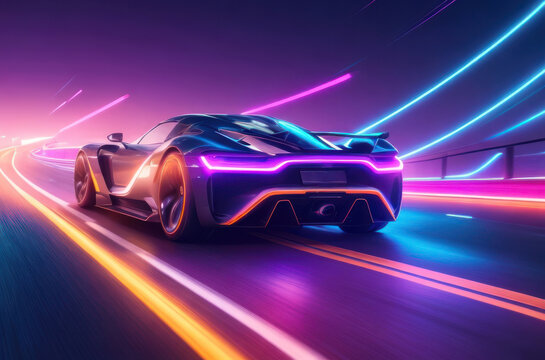 supercar neon style running speed on road with neon light background.generative AI
