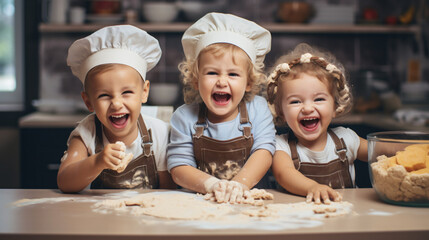 Happy family and playful children baking cookies in a modern kitchen. Concept of creative and joyful childhood.

Generative AI