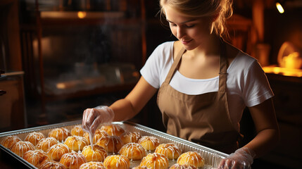 Woman confectioner with fresh muffin caramel.