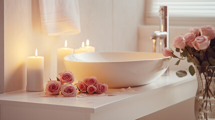 Obraz na płótnie Canvas Elegant white bathroom interior featuring a modern vessel sink, rose, and candles. Romantic zen atmosphere with burning scented candles and a rose.Generative AI