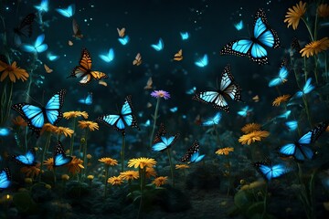 Obraz na płótnie Canvas A surreal scene of a butterfly garden at night, with bioluminescent butterflies fluttering around luminous flowers