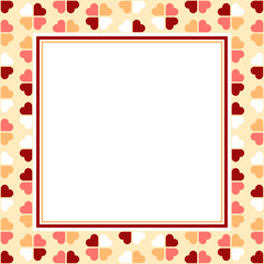 Vector frame with copy space. Red, pink and white hearts on beige background. White paper sheet in square frame.