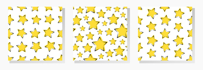 Doodle stars on white background. Vector seamless patterns collection. Best for textile, print, wrapping paper, package and festive decoration.