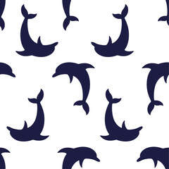 Obraz na płótnie Canvas Dark blue dolphins on white background vector seamless pattern. Marine underwater life. Best for textile, wallpapers, wrapping paper, package and home decoration.