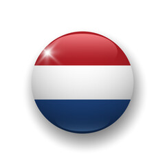 Realistic glossy button with flag of Netherlands. 3d vector element with shadow underneath. Best for mobile apps, UI and web design.