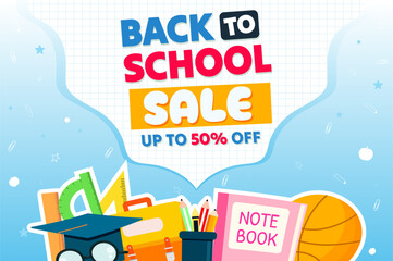 Vector Back to school Sale horizontal banner template and background with school items.