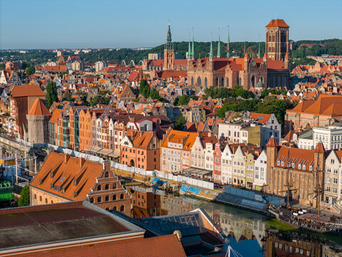 Gdansk Aerial View. Town Hall and St. Mary's Basilica. Historical Old City of Gdansk and Motlawa River, Gdansk, Pomerania, Poland, Europe. 