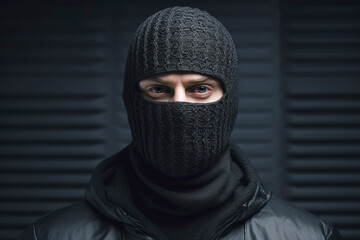 Portrait of man with face covered by black ski mask - obrazy, fototapety, plakaty