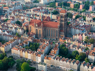 Gdansk Aerial View. Town Hall and St. Mary's Basilica. Historical Old City of Gdansk and Motlawa...