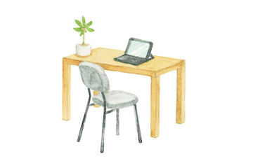 水彩絵の具で描いたリビングインテリアのイラストセット